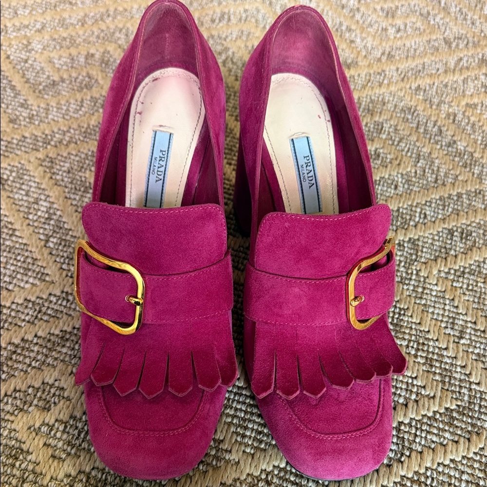 Prada Fuchsia Suede Kiltie Heels with Gold Buckle